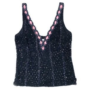 Vintage SILK beaded sequins ribbon v neck M